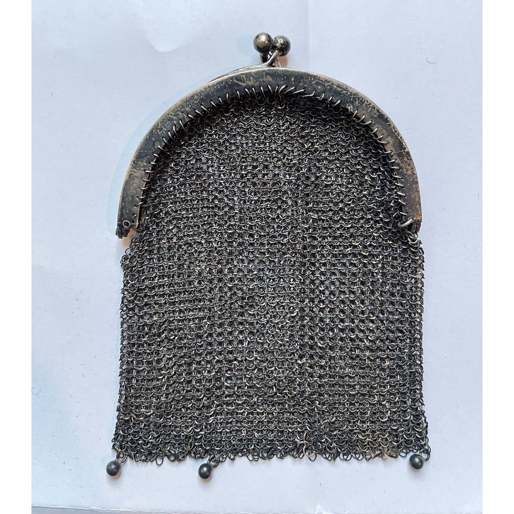 Antique Victorian 1800s Sterling Silver Chain Mesh Coin Chatelaine Purse Bag